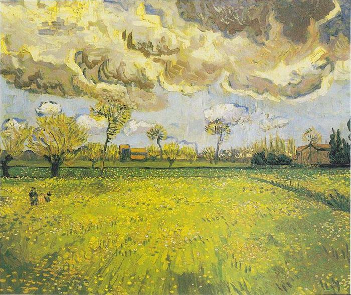 Vincent Van Gogh Meadow with flowers under a stormy sky oil painting image